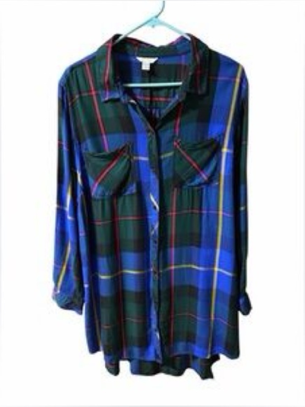 $ Sale Blue & Green Plaid Long-Sleeve Button-Up Shirt tunic length size large